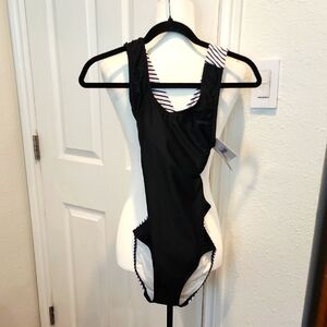NWT D M Fashions Black and White Striped One Piece Swimsuit. X-Sm